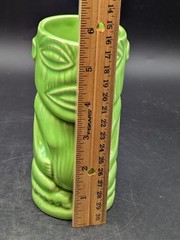 Vintage Green Ceramic Tiki Mug Mexico Maya Aztec Face Cup Souvenir Barware 5.5″