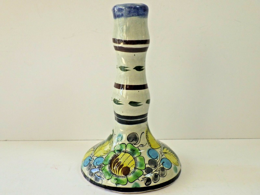 Vintage Cat Tonala Mexico Hand Painted Terra Cotta Single Tapered Candle Holder