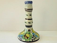 Vintage Cat Tonala Mexico Hand Painted Terra Cotta Single Tapered Candle Holder