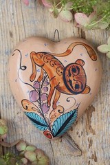 Hand Painted Clay Heart Shapeshifter Nagual Medrano Mexico Folk Art Love Token