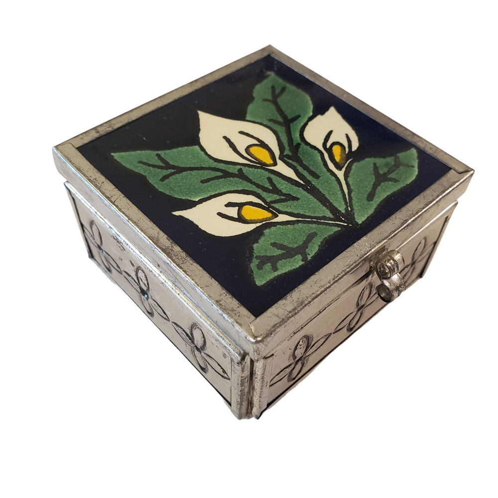 Blue White Calla Lilies Mexican Talavera Trinket Box Mirror 2.5”