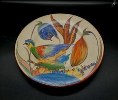 1930s Mexico Folk Art Hand Painted Wall Plate Bird Floral 12½”