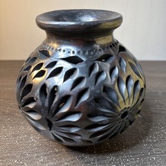 Vintage Barro Negro Black Clay Pierced Pottery Vase Organic Modern Boho Decor