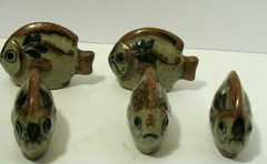 5 Vintage Fish Figurines Folk Art Pottery Hand Painted Gray Green MM
