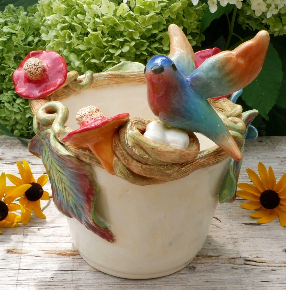 Cream Color Flower Pot Hummingbird Nest Butterflies Handmade Tonala Mexican Art