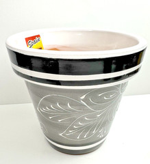Hand Painted Black & White Talavera Pottery Flowerpot Planter Has Drainage Hole