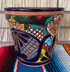 Lg MEXICAN TALAVERA Folk Art POTTERY FLOWER POT PLANTER CERAMIC #1