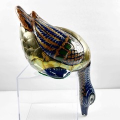 TONALA DUCK FIGURE Brass / Ceramic Hand Painted Mexican Art Vintage Peeking Down