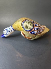 Vintage Mexican Pottery Folk Art Shelf Sitter Diving Duck Bird Armored Brass
