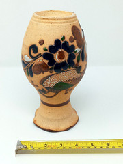 Tonala Mexico 8.25″ Vase sandstone Pottery hand painted enamel Quail & flowers