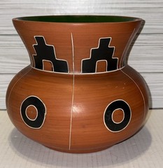 Mexican Folk Art Pottery Flower Pot Vase Large Hand Crafted Mayan Designs 7”