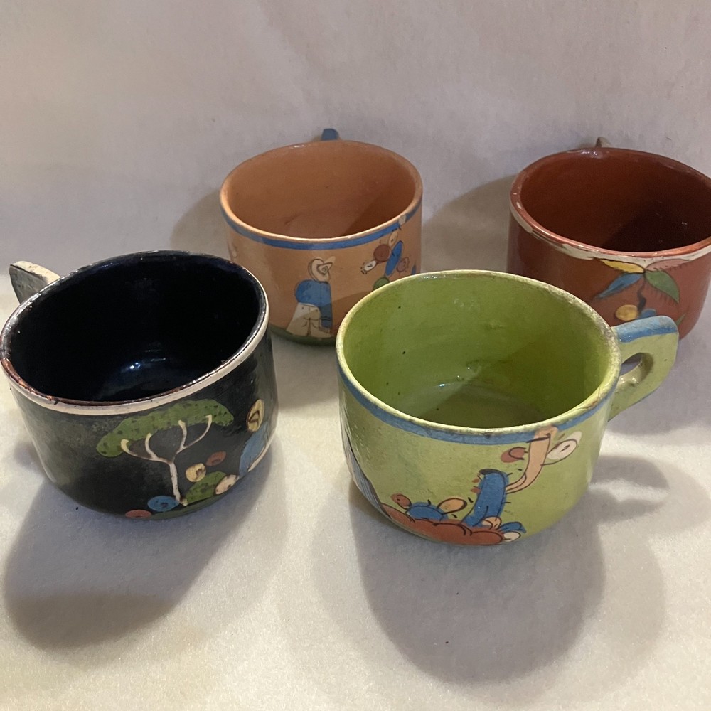 Vintage Mexican Tlaquepaque Pottery Mug Set of 4 Folk Art Style