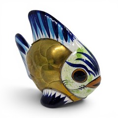 Vintage Tonala Ceramic Mexican Pottery Brass Fish Sculpture Folk Art 4.5HX5.5L