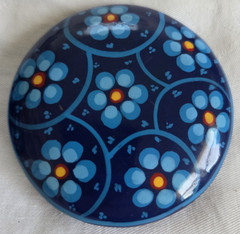 Vintage Blue Red Hand Painted Floral Glazed Terra Cotta Round Trinket Dish Lid