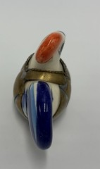Vintage Mexican Tonala Pottery Rooster Ceramic Hand Painted Blue W Brass Armour