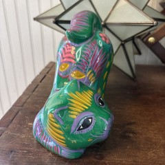 Mexico Talavera STYLE Pottery Green Playful Cat Figurine Hand Painted Folk Art