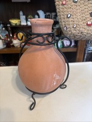 Mini Terra Cotta Pottery Tabletop Fireplace Chiminea W/Black Metal Stand
