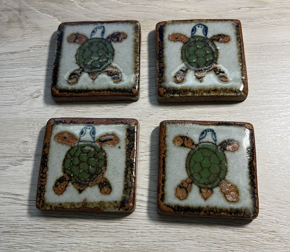 Set Of 4 Tonala Mini Pottery Tiles 2” Square Turtles Green & Brown Hand Painted