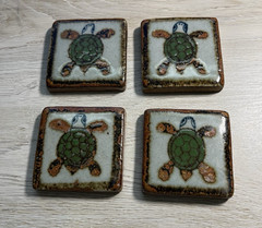 Set Of 4 Tonala Mini Pottery Tiles 2” Square Turtles Green & Brown Hand Painted