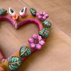 Heart with Flowers Tree of Life Style Handmade Clay Mexico 9 in wide