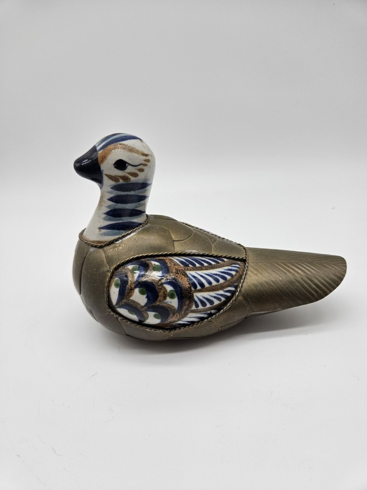 Duck Mexican Tonala Brass Ceramic Pottery Hand Painted Multicolor Folk Art VTG