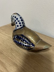 Vintage Tonala Mexican Pottery Duck Brass Armored Ceramic Folk Art Figurine
