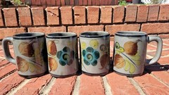 Hand Painted Mexican Pottery Mugs Sage Green With Floral Design Set of 4