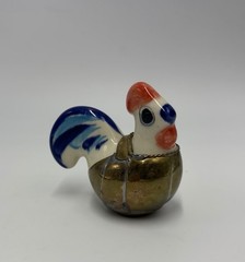 Vintage Mexican Tonala Pottery Rooster Ceramic Hand Painted Blue W Brass Armour