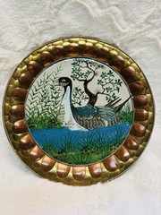 Estate Rare Mexican Hand Painted Ceramic Duck Plate W/ Brass & Copper