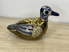 Vintage Tonala Mexican Gilt Brass & Pottery Duck Sculpture Folk Art