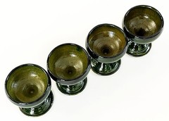 4 MEXICO OAXACA FOLK ART LOZA VERDE GREEN GLAZED CERAMIC MEZCAL COPITA CUP GLASS