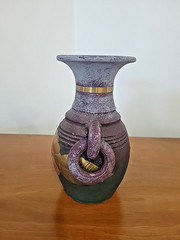 Vintage Mexican Terracotta Pottery Collectible Vase w/Brass Flower Purple – 8″