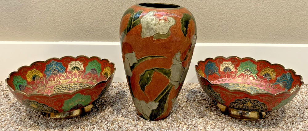 3 Brass Cloisonne Decorative Arts. Made In India. 2 Trinket/Jewelry Bowls & Vase