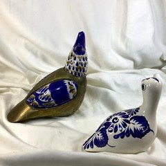 LOT of 2 Mexico Brass & Pottery QUAIL Bird Sculpture Figurines Mexican Art