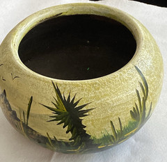 Vintage Mexican Folk Art Terracotta Planter Pot Clay Desert Cactus Scene 8″
