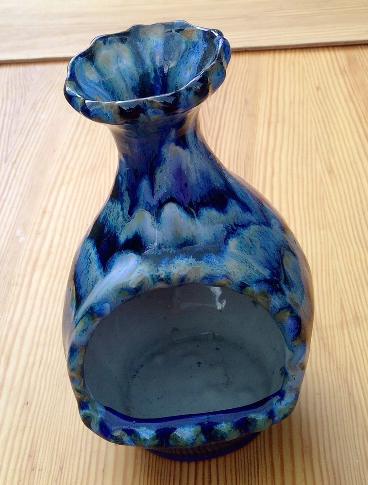 Mexican ceramic chiminea candle holder signed Reyna blue drip glaze tabletop 7½”