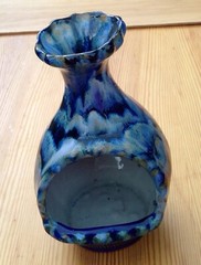 Mexican ceramic chiminea candle holder signed Reyna blue drip glaze tabletop 7½”
