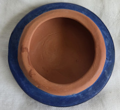 Vintage Blue Red Hand Painted Floral Glazed Terra Cotta Round Trinket Dish Lid