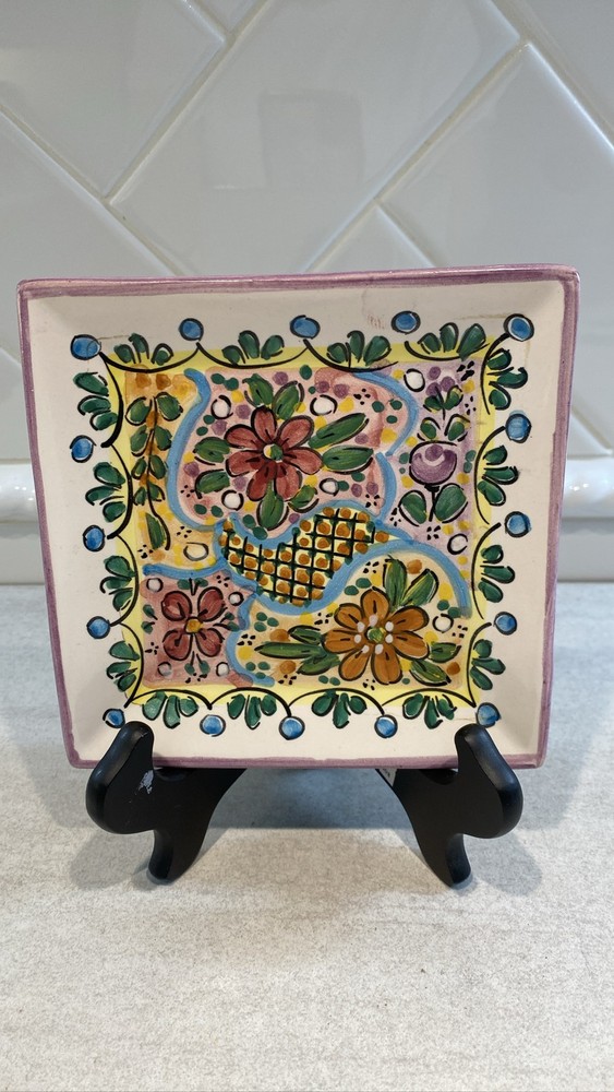 Arte Cruz Talavera Mexican Pottery Square Plate Hand Painted Floral 8.5