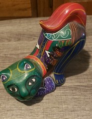Mexico Green Kitty Cat Stretching Folk Art Clay Pottery Hand Painted Handmade