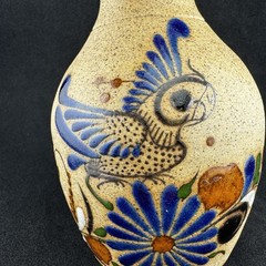 VINTAGE Tonala Mexican Folk Art Sandstone Pottery Bird Floral Vase Signed 6”