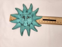 VTG Green Terracotta Folk Art Clay Pottery Wall Hanging Sun Face 5″ Chipped