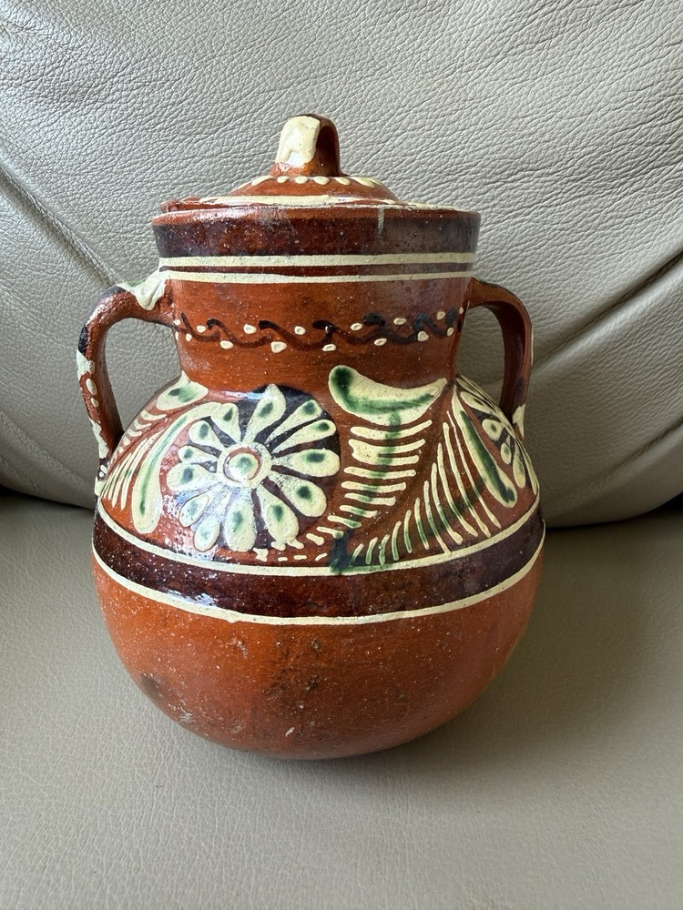 Vintage Terra Cotta Mexican Pot Hand Painted Glazed Kitchen Floral Tonala 6″h