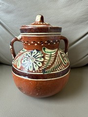 Vintage Terra Cotta Mexican Pot Hand Painted Glazed Kitchen Floral Tonala 6″h
