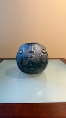 Mid Century Modern Oaxaca Mexico Barro Negro Black Clay Pottery Small Round Vase