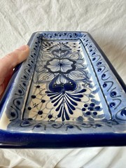Handmade Mexican Talavera Rectangular Dish Blue & White Raised Relief Pottery