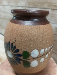 Mexican Pottery Mini Vase Floral Blue Green White Sand 4″