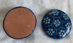 Vintage Blue Red Hand Painted Floral Glazed Terra Cotta Round Trinket Dish Lid