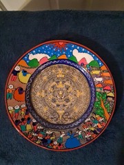Mexican Folk Art Terracotta Round Wall Hanging Plate 16.5 In Diameter