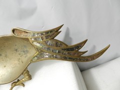 Vintage Mexican Hand-Wrought Brass Parrot Tray Dish Abalone Shell Inlay L82S